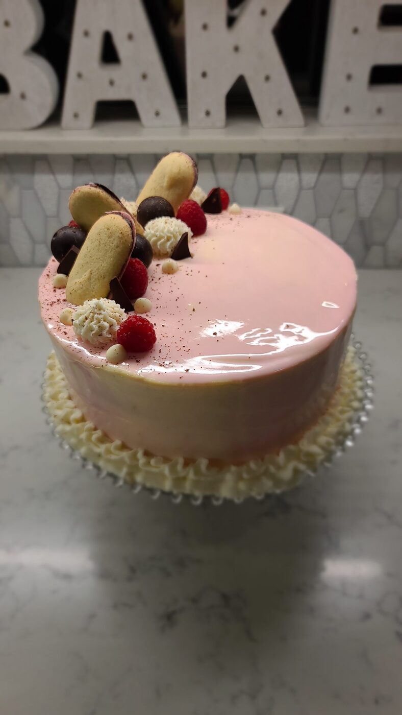 Mirror glaze raspberry chocolate cake